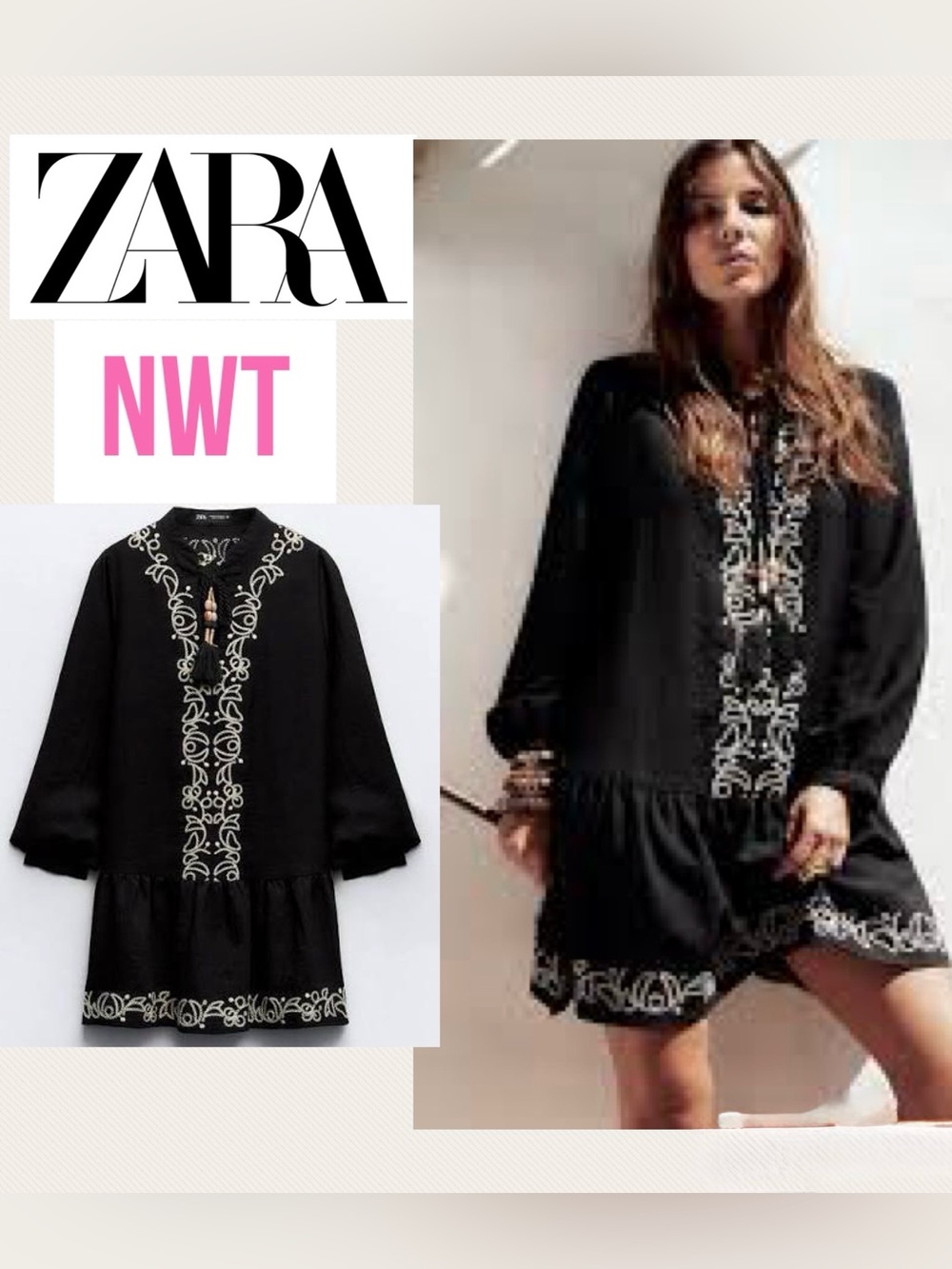 Zara Black Mini Dress with White Contrast Embroidery